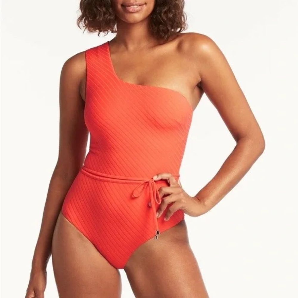 One-Shoulder Orange Ribbed One-Piece Swimsuit